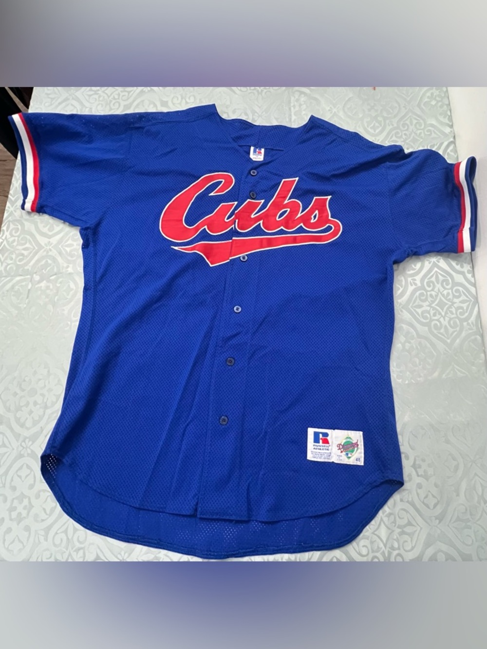 Vintage Russell Athletic Blue Chicago Cubs Mesh Button Jersey with Red Script